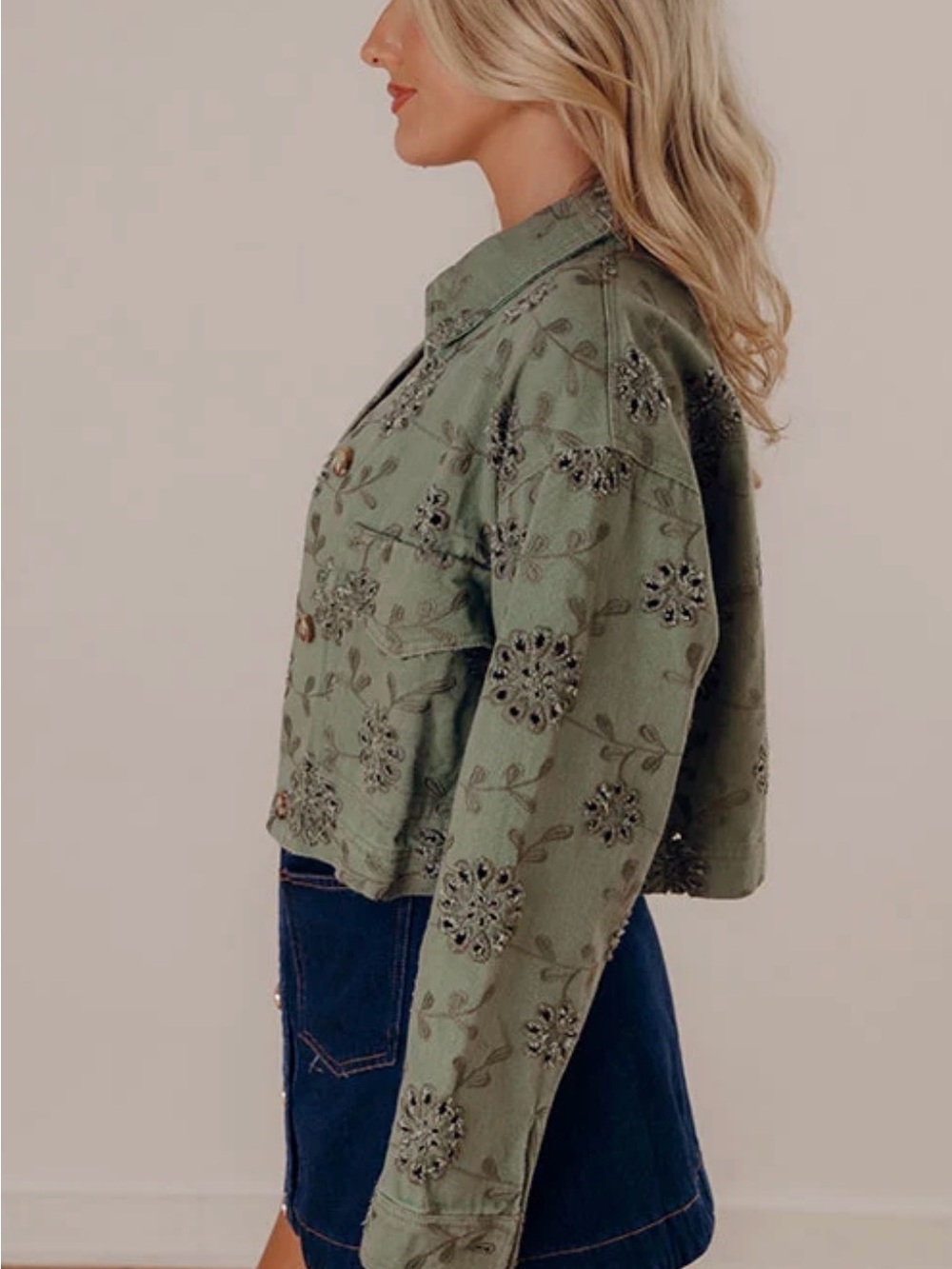 NWT Altar'd State Renesme Denim Eyelet Jacket in olive green Small - Picture 9 of 10